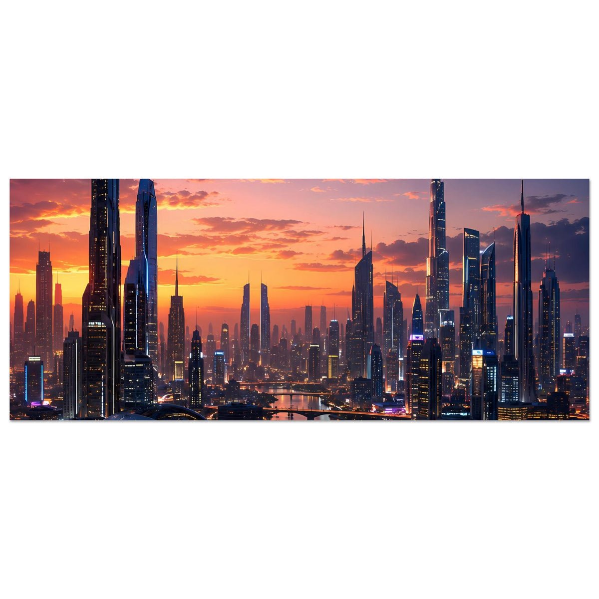 Gerahmtes Poster mit Skyline bei Sonnenuntergang, Panorama, Querformat