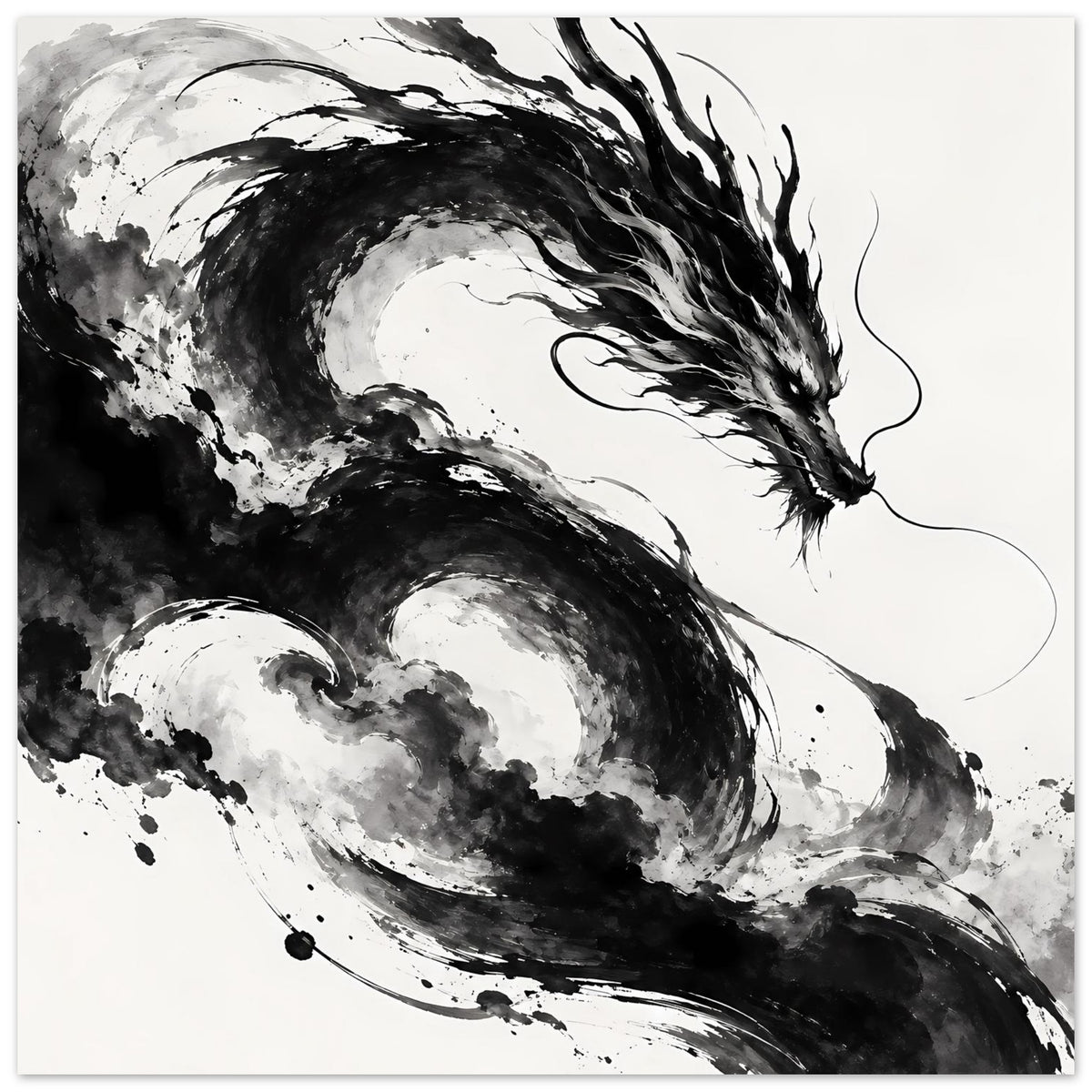 Drachenkunst-Poster Schwarzweiß Hochformat mit Flügeln und Swoosh, zentrierter Drachenkörper