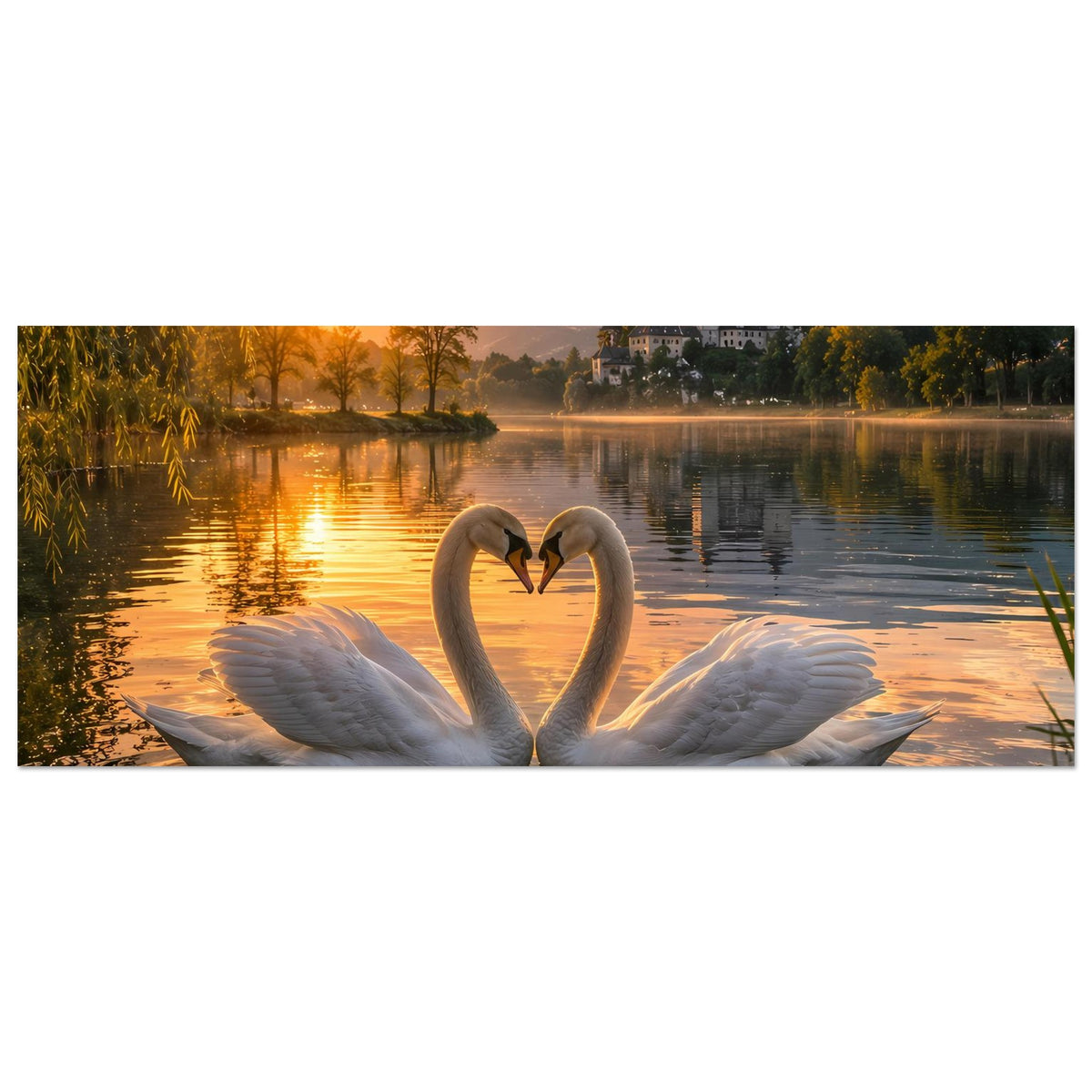 Wandposter (horizontal) mit zwei Schwänen als Herzform am See im warmen Licht