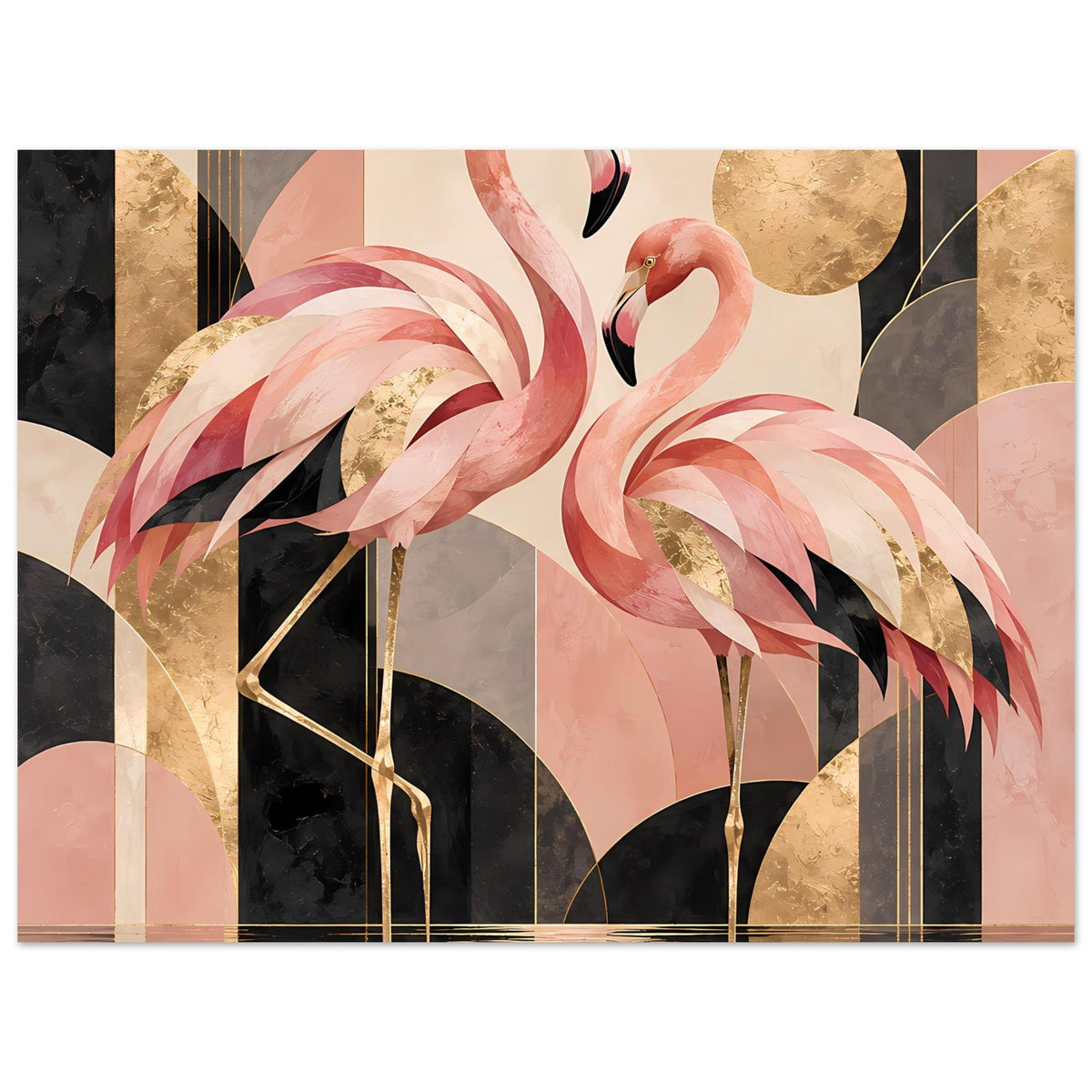 Zwei rosa Flamingos vor geometrischem Hintergrund mit Goldakzenten in Schwarz und Creme – Posteransicht 38