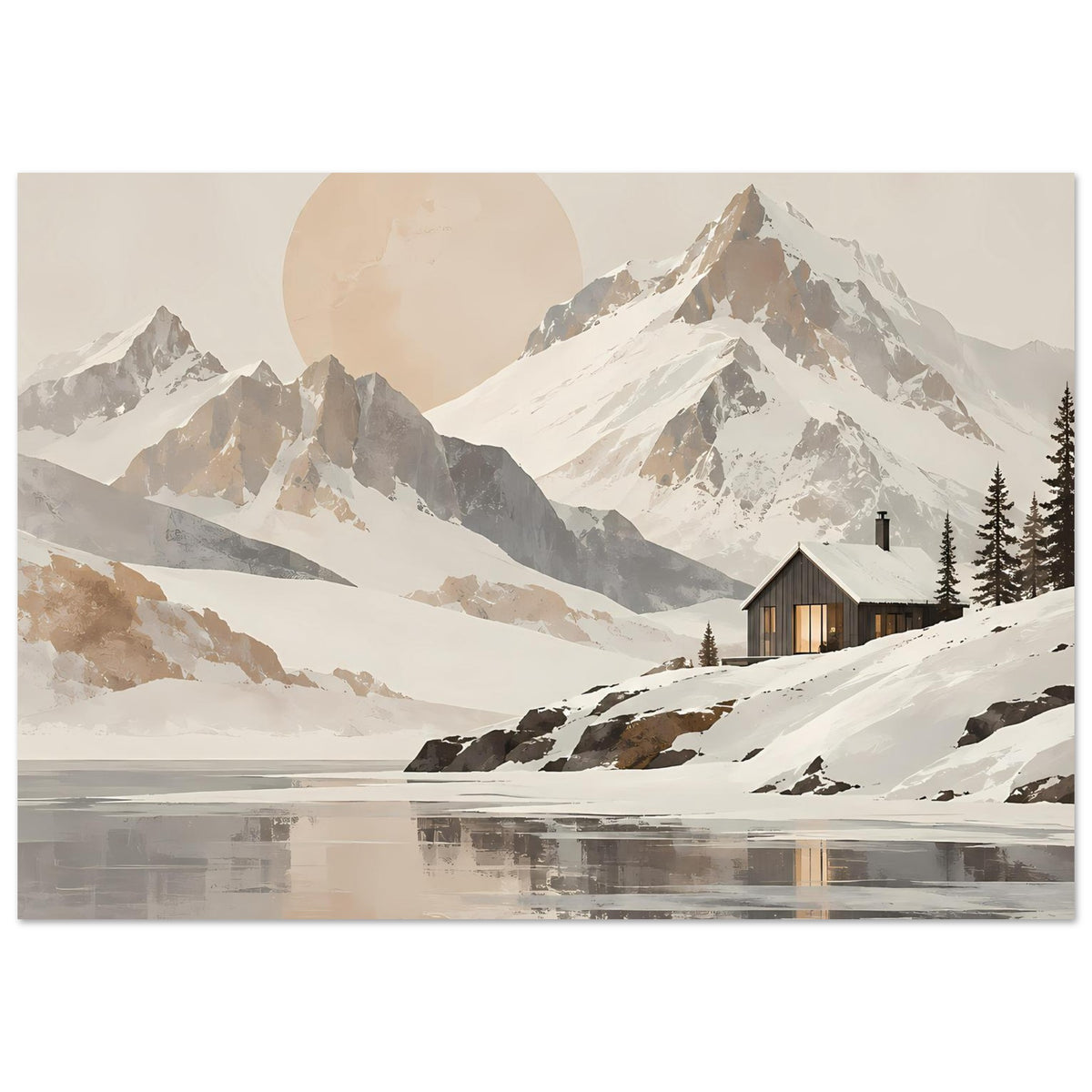 Wandposter: verschneite Berge mit Hütte, Tannen, rundem Sonnenelement und Reflexion im Wasser