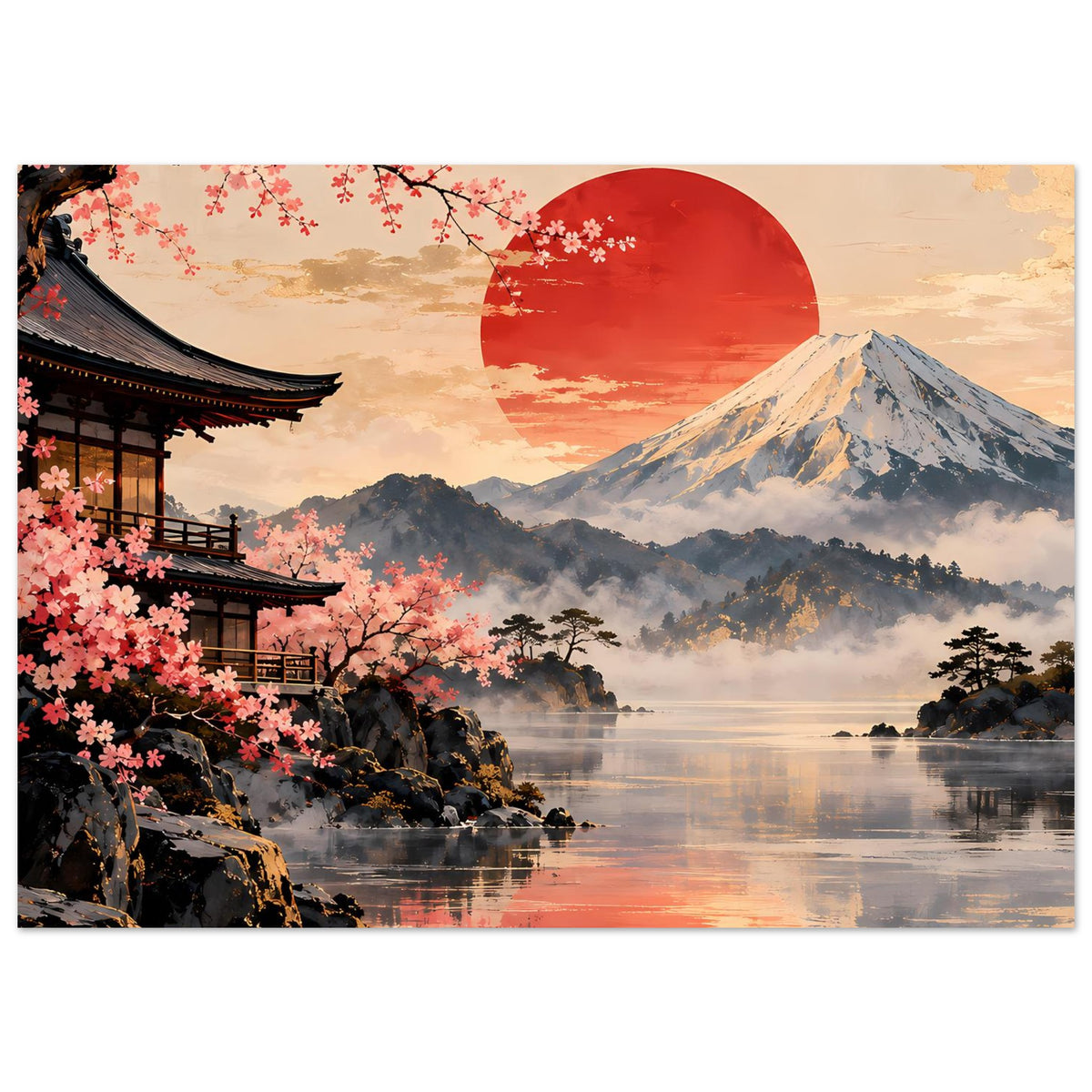 Zen-Serenity-Poster mit japanischer Szene: Pagode, Kirschblüten, Fuji und rote Abendsonne
