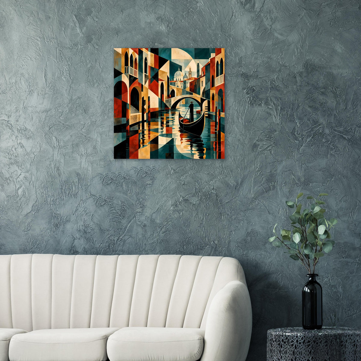 Wandbild mit abstraktem Kanal-Motiv und Gondel, geometrische Formen in Blau, Ocker und Rot