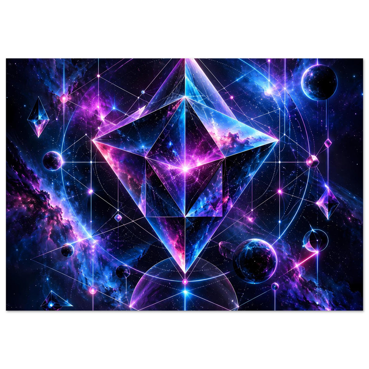 Poster im Querformat mit kosmischem Geometrie-Design, lila und blaue Sterne