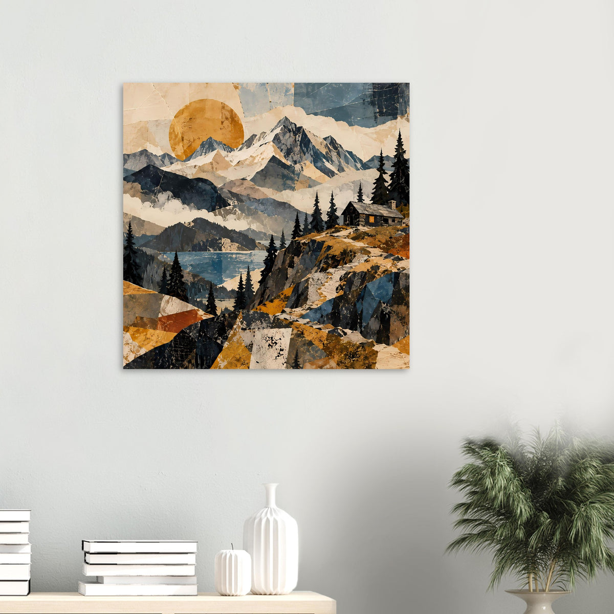 Naturposter im Querformat, kleiner Druck: Berge, Tannen, See und Hütte im abstrakten Look