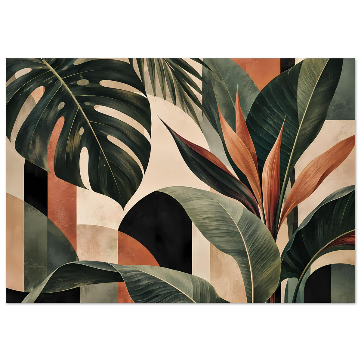 Kunstposter mit tropischem Laub: große Monstera- und Palmenblätter in Grün sowie warmen Erdtönen