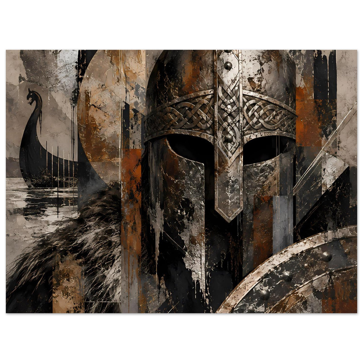 Kunstposter mit Wikingerkrieger-Helm, Flechtmuster, Feder- und Schilddetails im Bildausschnitt