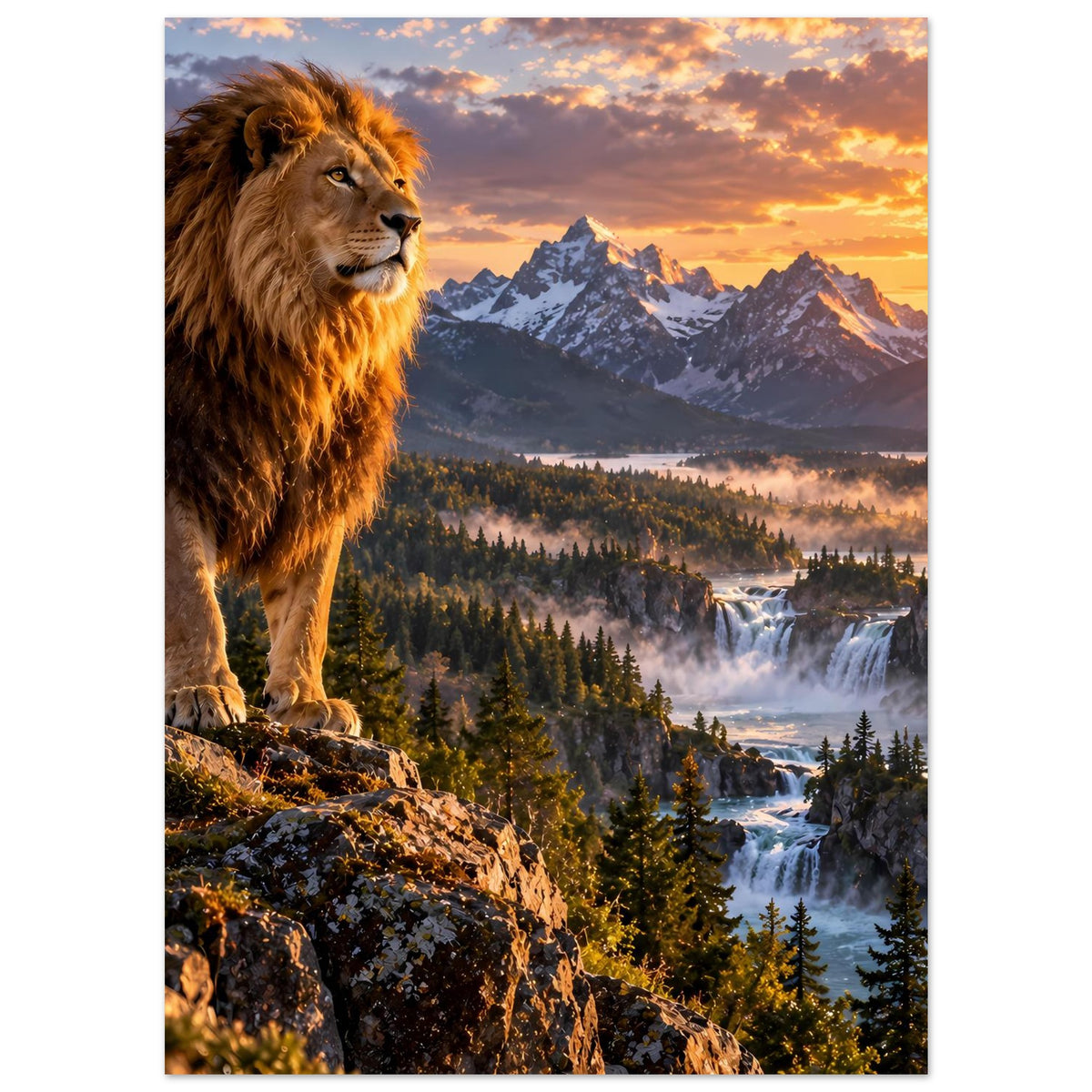 Poster mit Löwenmähne und Berglandschaft, Wasserfall im Tal bei Sonnenaufgang