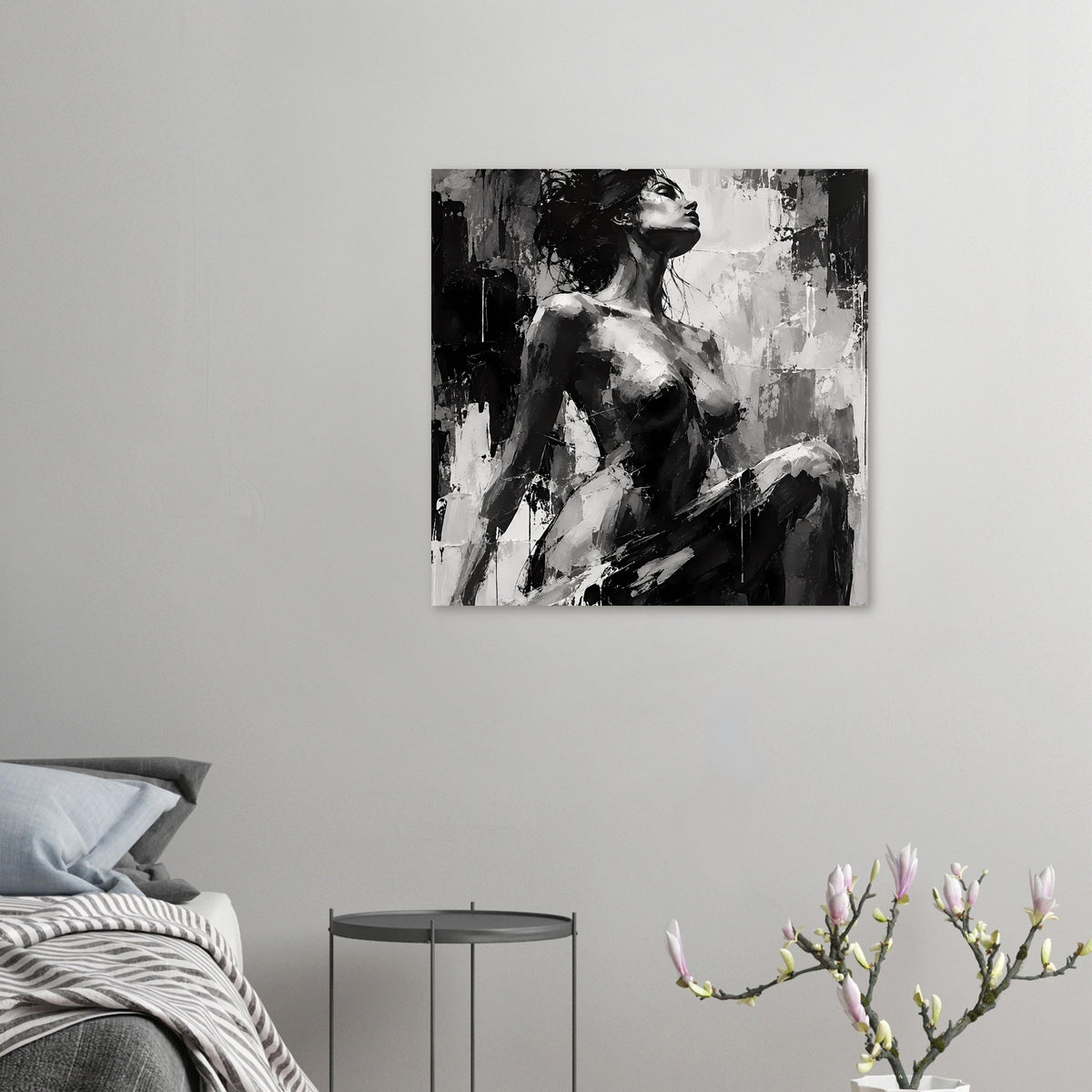 Kunstposter Frauenakt-Porträt in Schwarz-Weiß, abstrakte Struktur, zentriertes Motiv