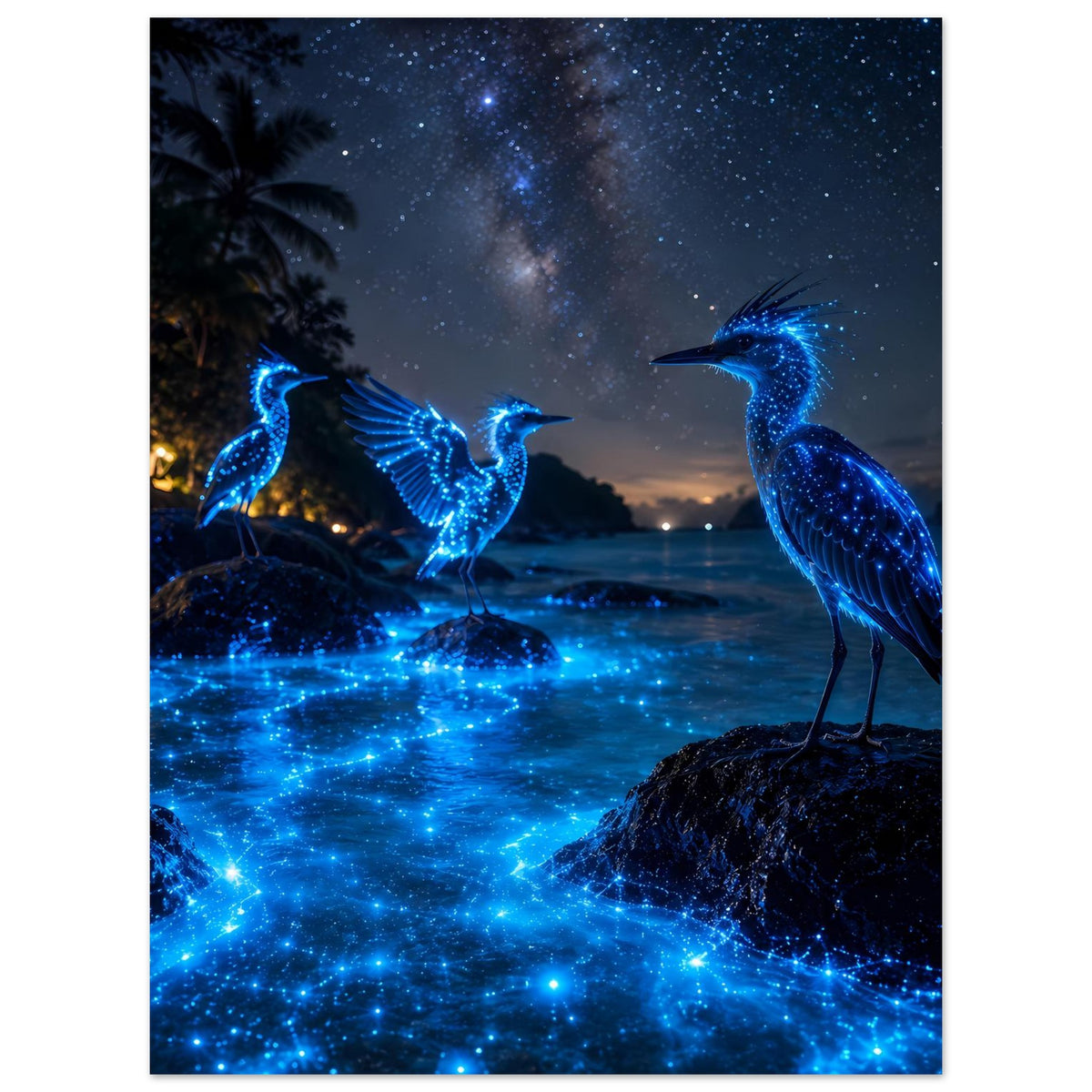 Poster mit drei leuchtenden blauen Nachtvögeln auf Felsen, sternenklarem Nachthimmel und funkelndem Meer