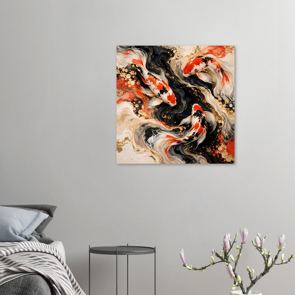 Kleines Kunstposter mit Koi-Fischen in Rot, Schwarz und Weiß, abstrakt mit goldenen Punkten