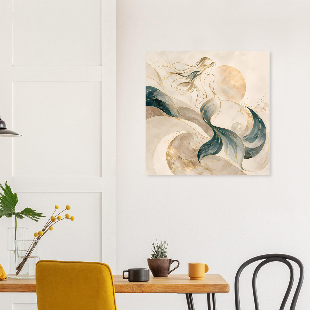 Kunstposter mit Meerjungfrau in Creme und Gold, türkisfarbene Wellen und Spiralen