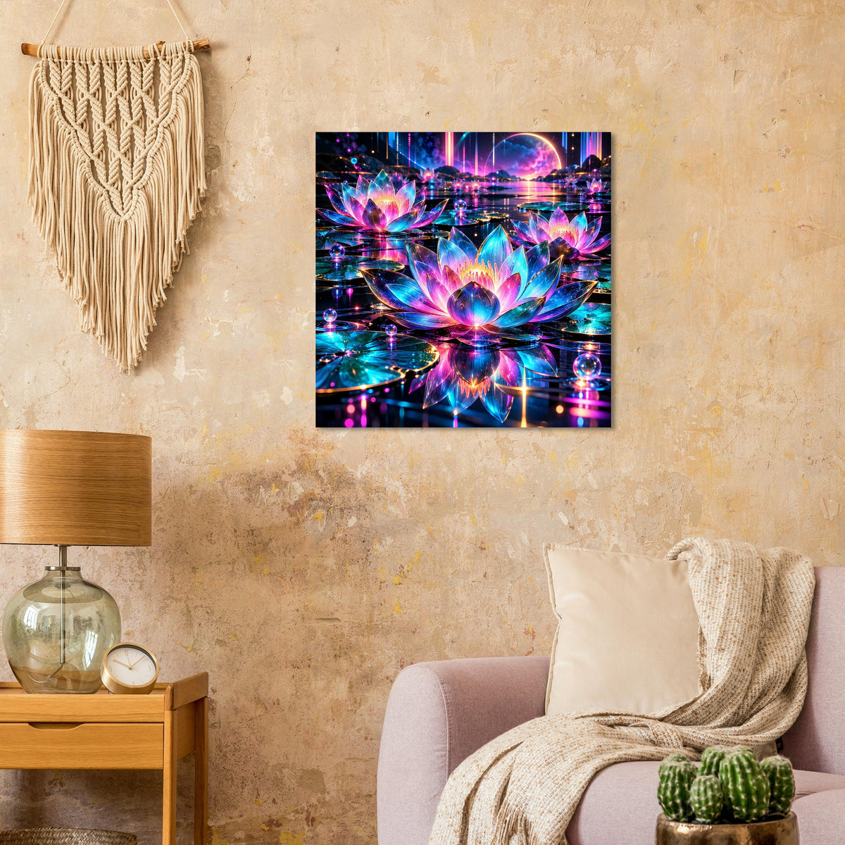 Neon-Lotus Poster mit buntem Leuchteffekt und Lotos-Design vor Wand und Sofa