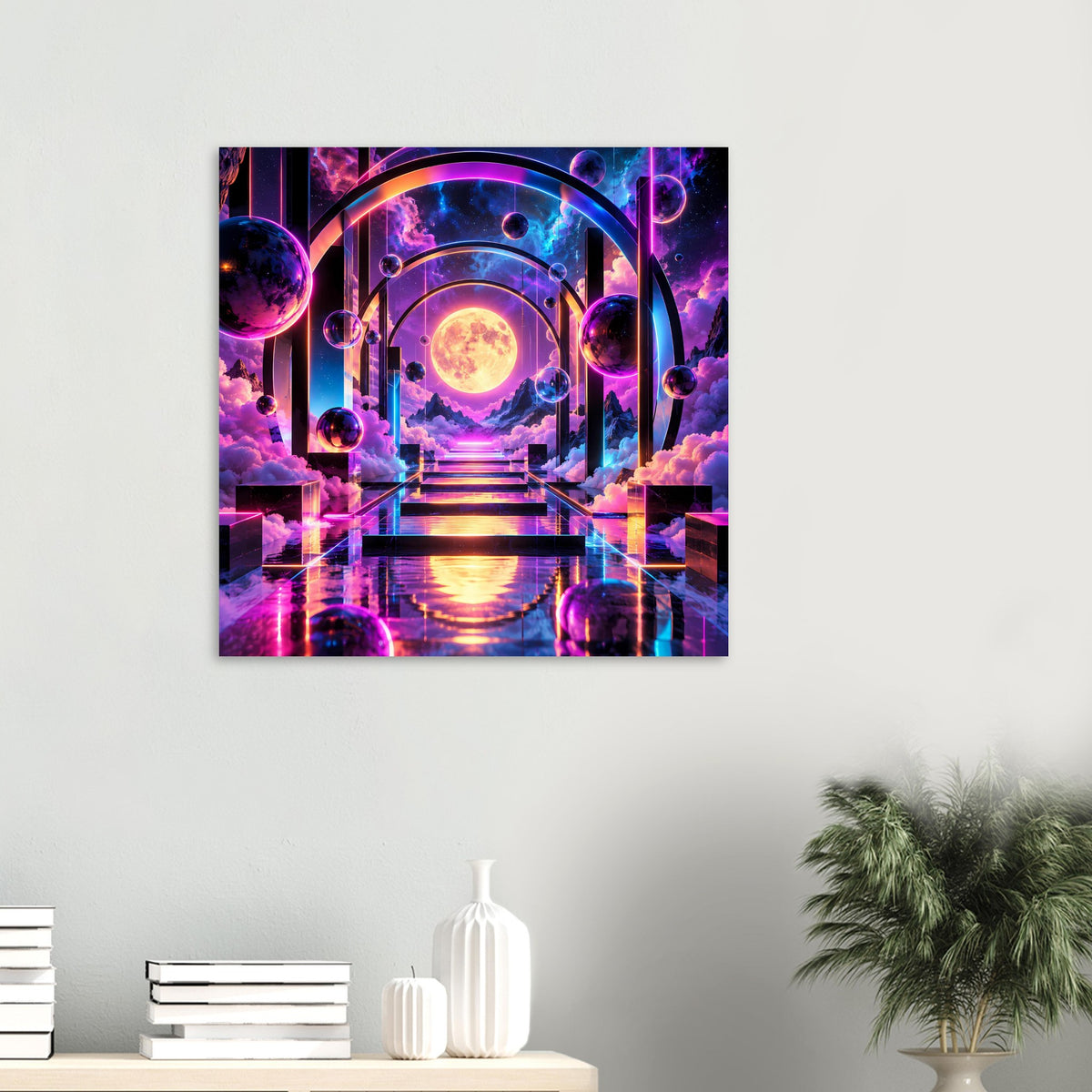 Kleines Poster im Quadrat mit Portalbogen, gelbem Mond und leuchtenden Wolken