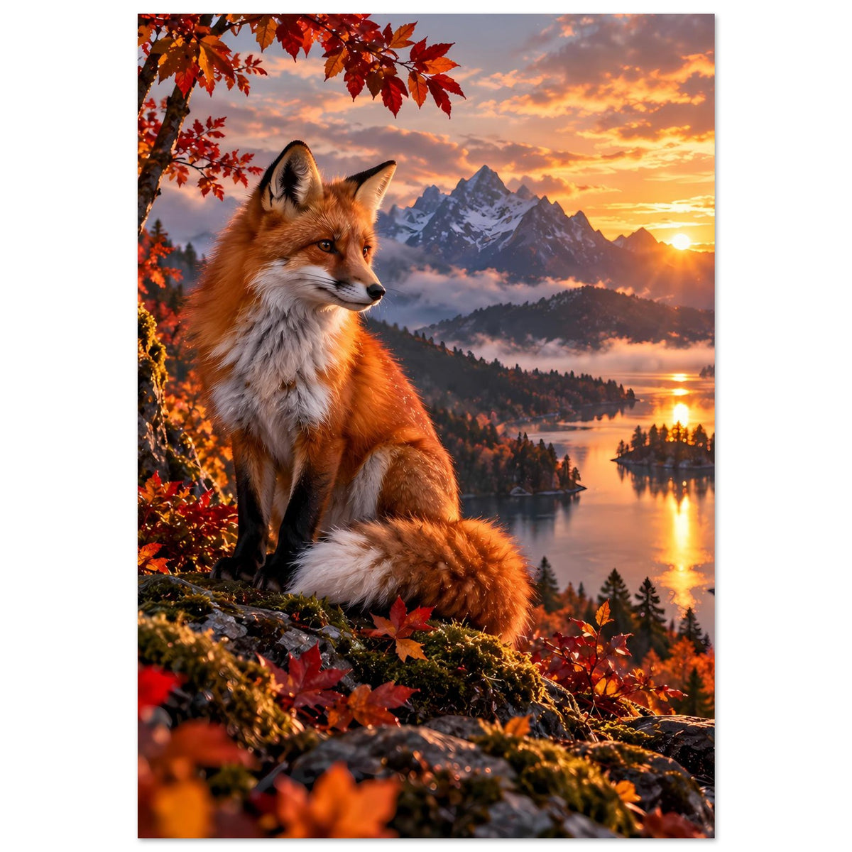 Poster: braun-weißer Fuchs sitzt auf Felsen, Herbstblätter, Berge und Sonnenuntergang