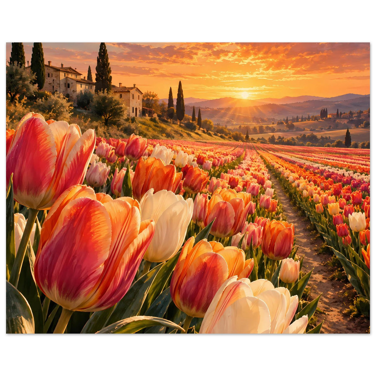 Großes Blumenposter: viele Tulpenblüten am Weg, warmes Abendlicht am Horizont