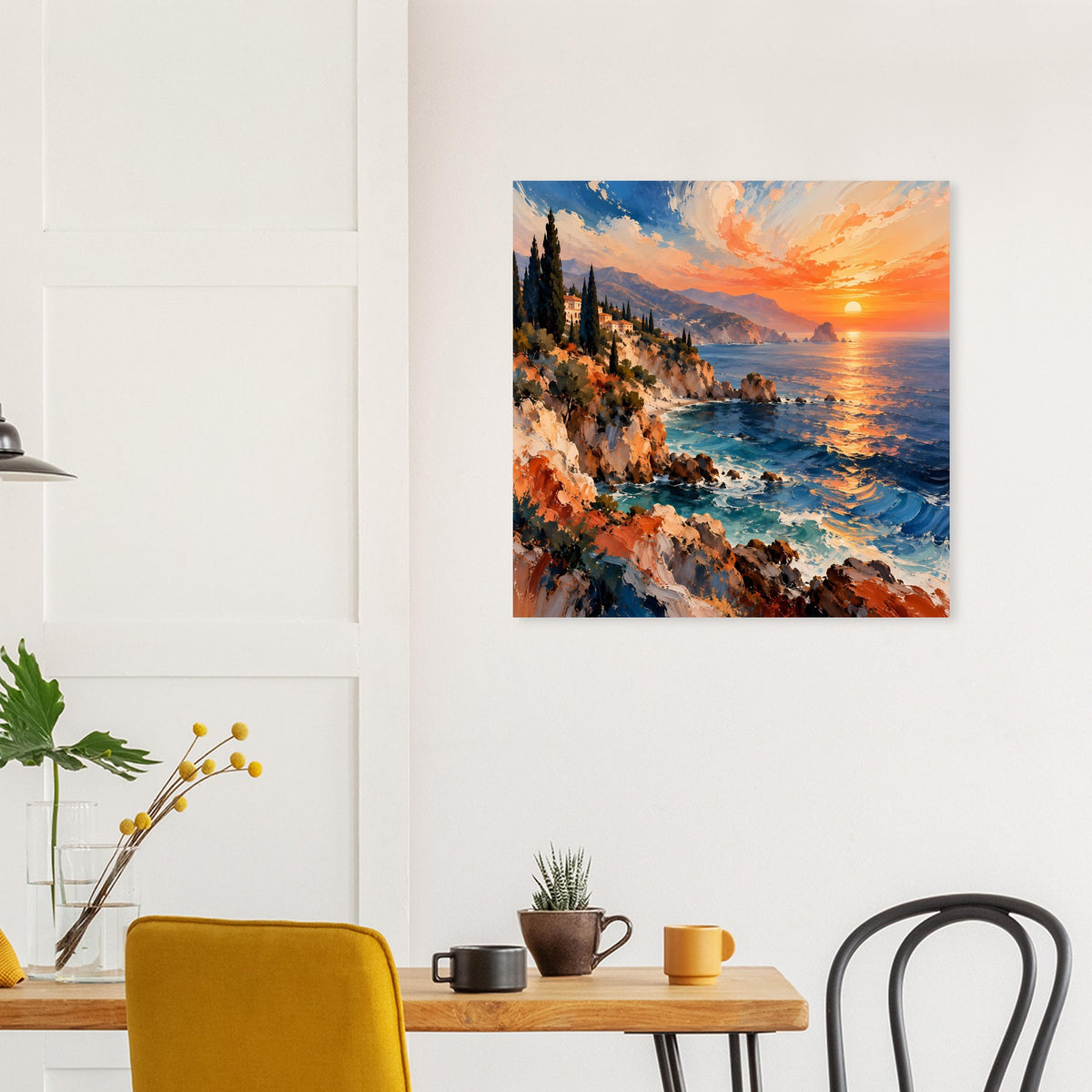 Wandposter mit Küstenlandschaft bei Sonnenuntergang, Meer und steile Uferlinie