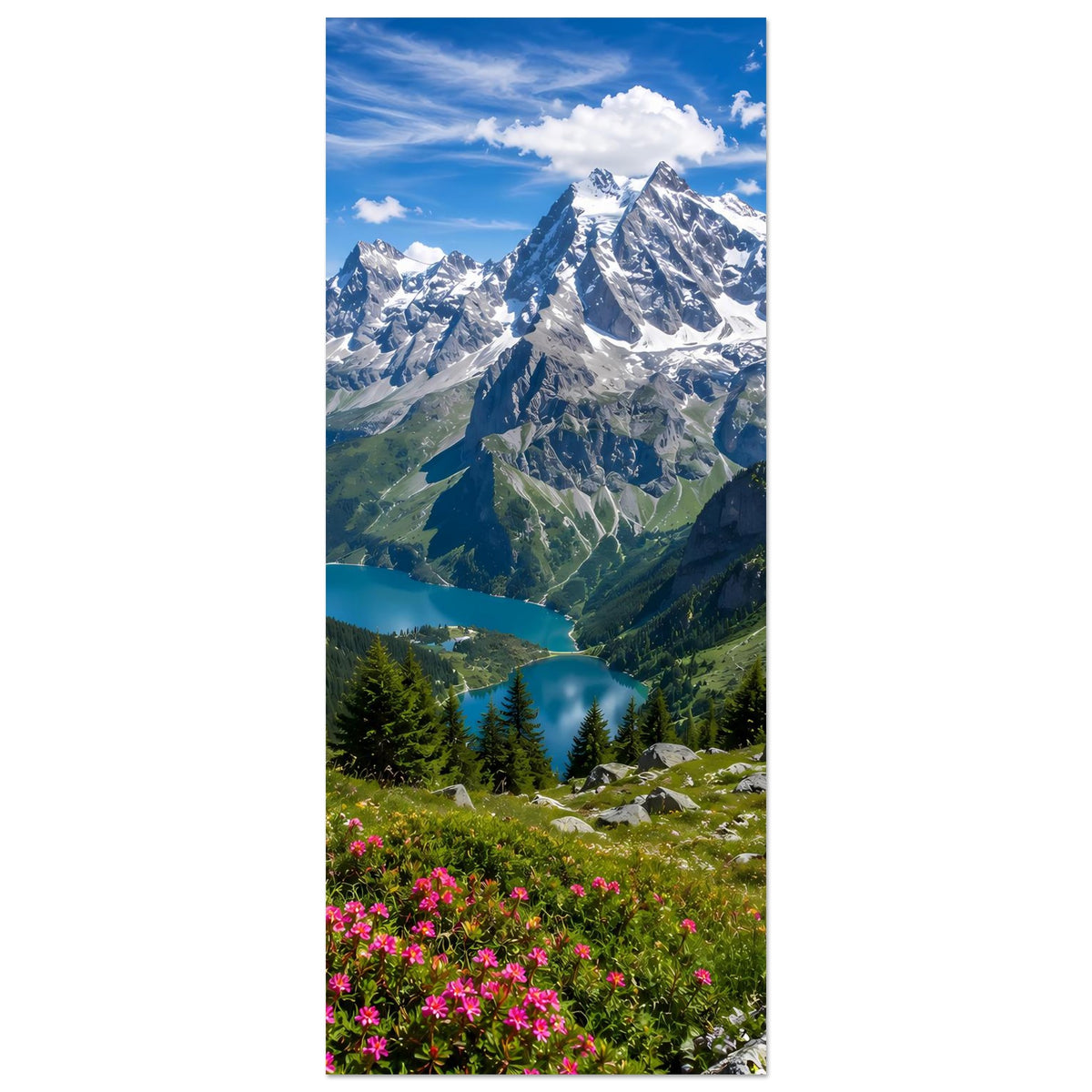 Alpenlandschafts-Poster, vertikal: schneebedeckte Berge, grünes Tal und Fichtenwald