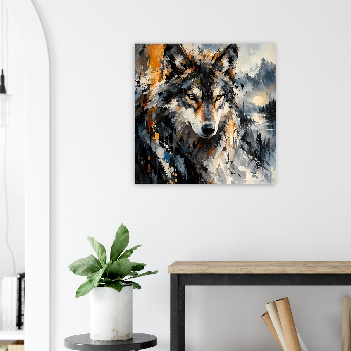 Abstraktes Wolf-Kunstposter mit detaillierten Augen und orange-grauen Sprühfarben