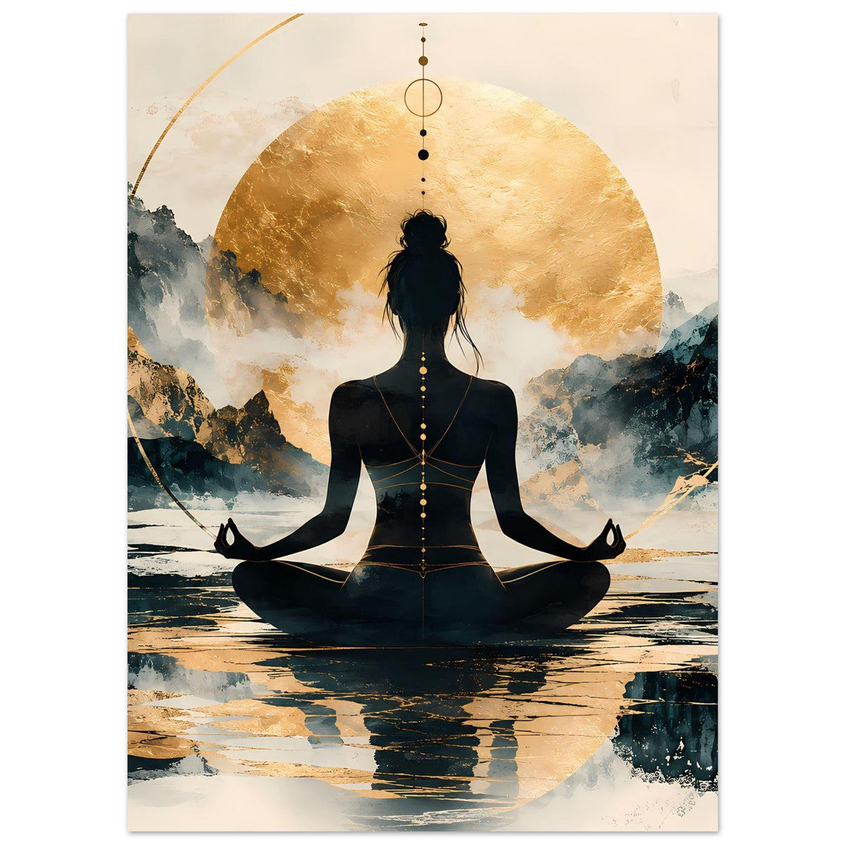 Meditationsposter mit schwarzer Meditationssilhouette im Zentrum und goldener Sonne