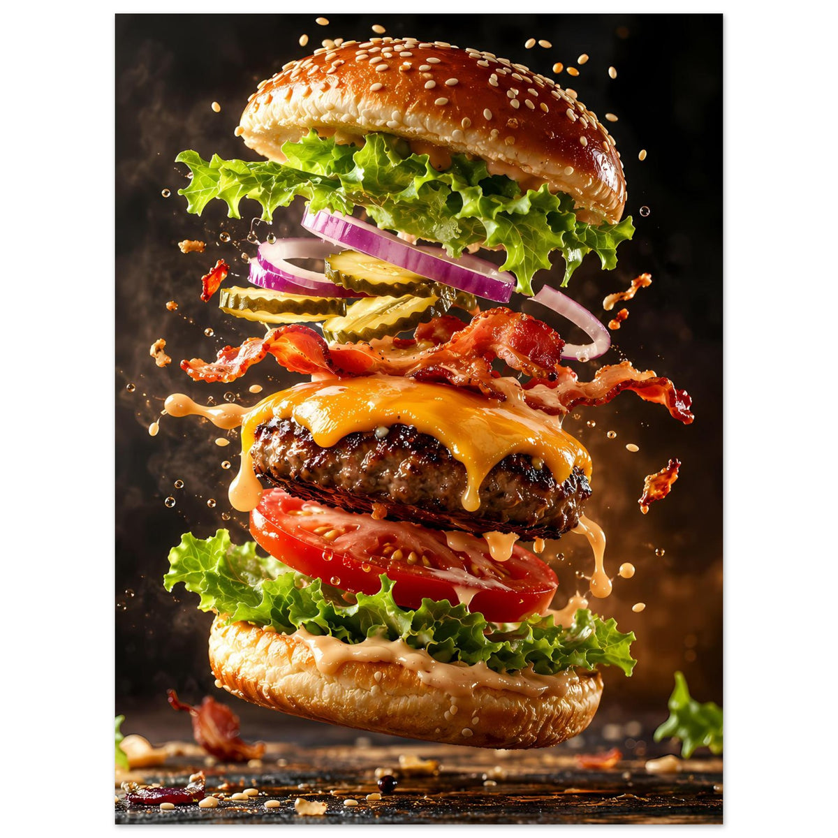 Poster mit Burger-Illustration: gestapelter Burger mit Käse, Salat und Bacon-Scheiben.