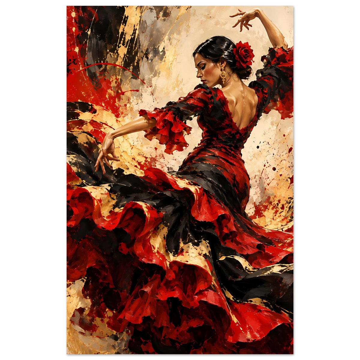 Poster: Flamenco-Tänzerin im roten und schwarzen Kleid, erhobene Hand, abstrakte Farbschichten