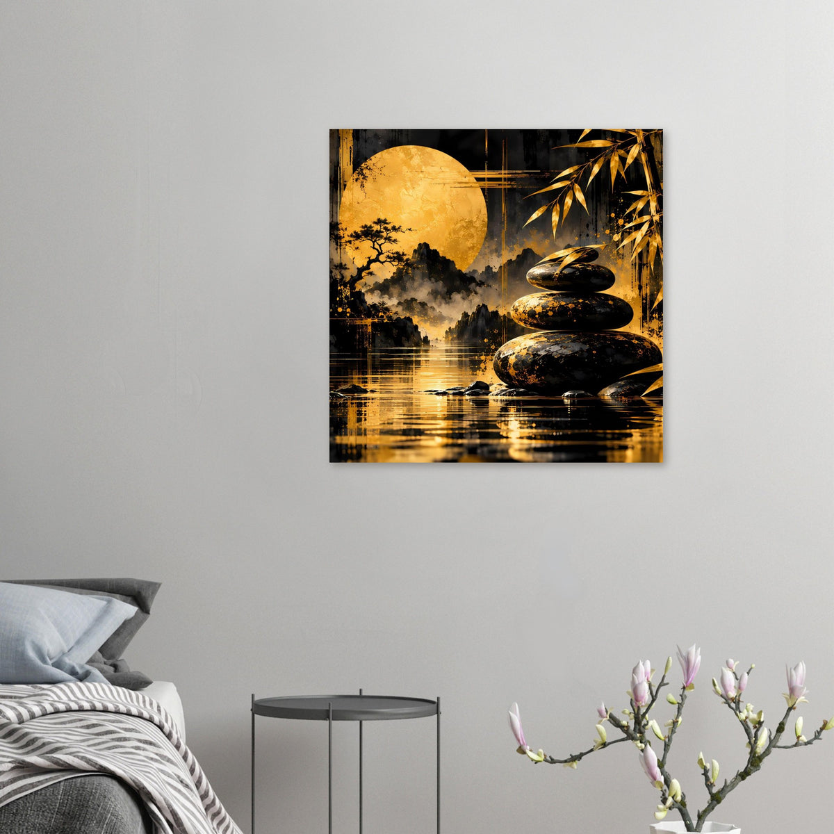 Zen-Harmonie-Poster im kleinen Rahmen mit goldener Sonne, Zen-Steinen und Bambus