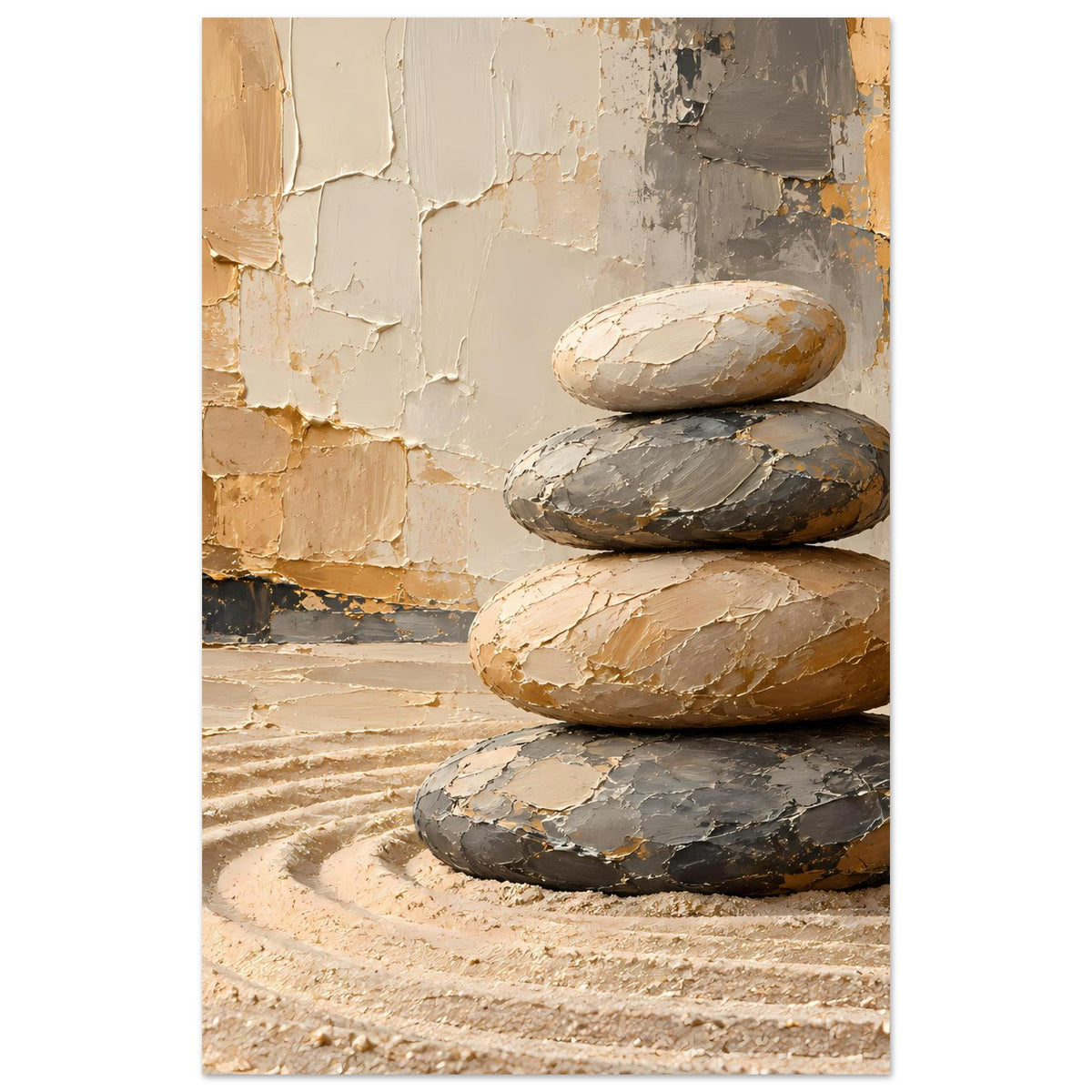 Hochformatiges Zen-Poster mit Stapel aus vier Flachsteinen in warmen Erdtönen