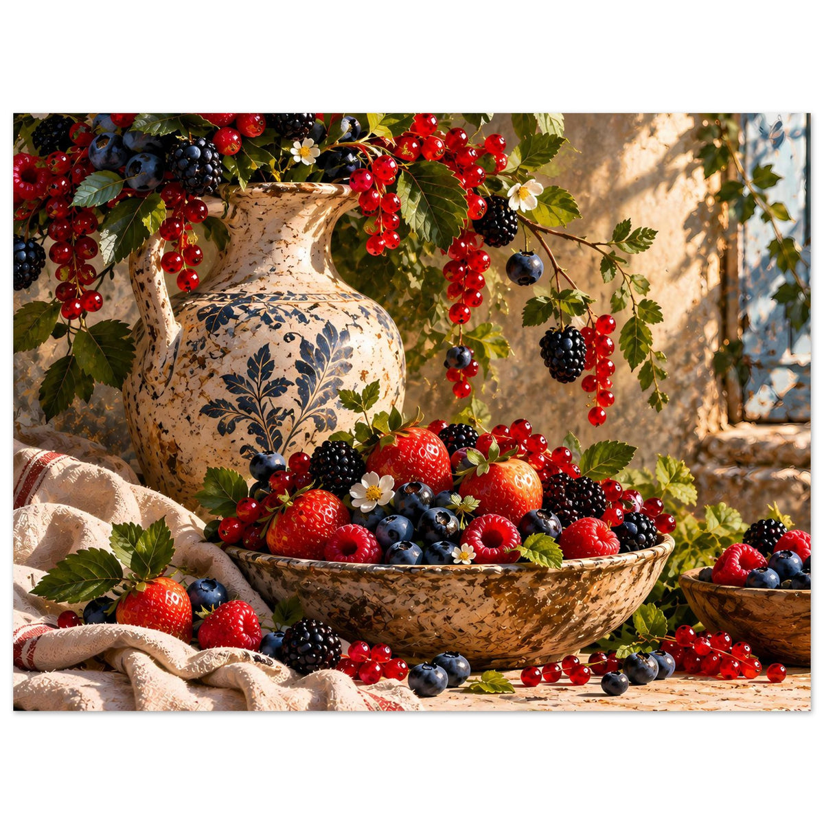 Beeren-Stillleben-Poster: bunte Beeren in Schale, blauer Krug und rote Beeren am Rand