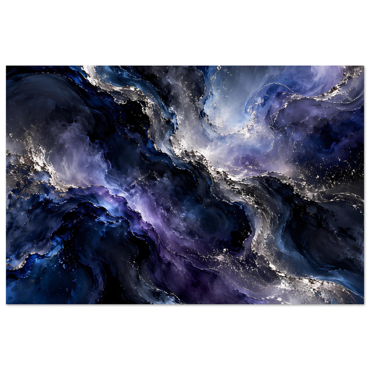 Breites Weltraum-Poster mit galaktischen Wolken, tiefblauem Hintergrund und silbernen Punkten.