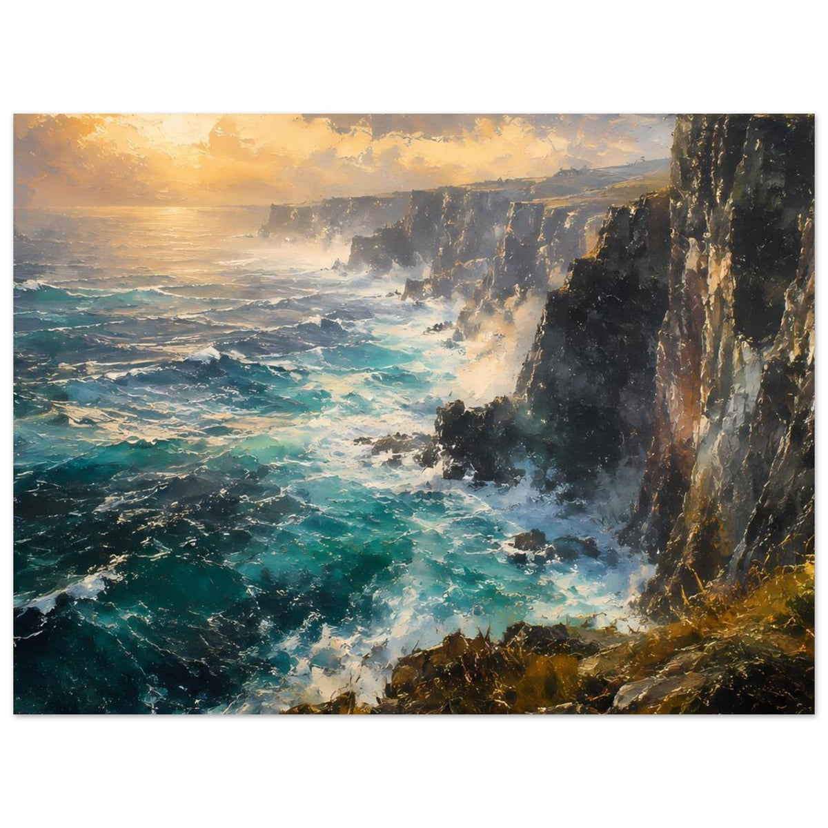 Poster mit Klippenküste, türkisfarbenem Wasser, hellen Gischtfontänen und Sonnenlicht