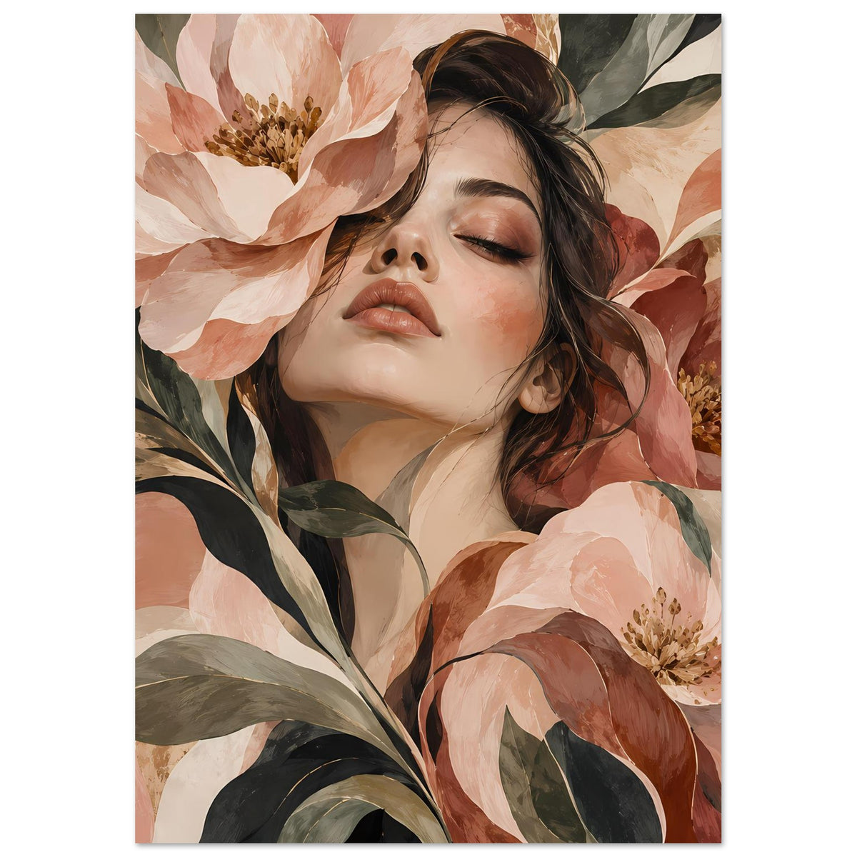 Poster im Hochformat mit Blumenportrait: Frauenkopf vor Blüten und Blättern in warmen Tönen.