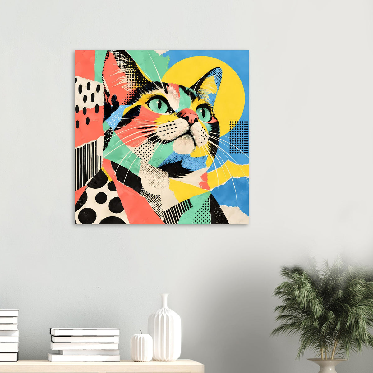 Kleines Pop-Art-Katzenposter an der Wand, bunter Katzenkopf mit gelben Kreiselementen