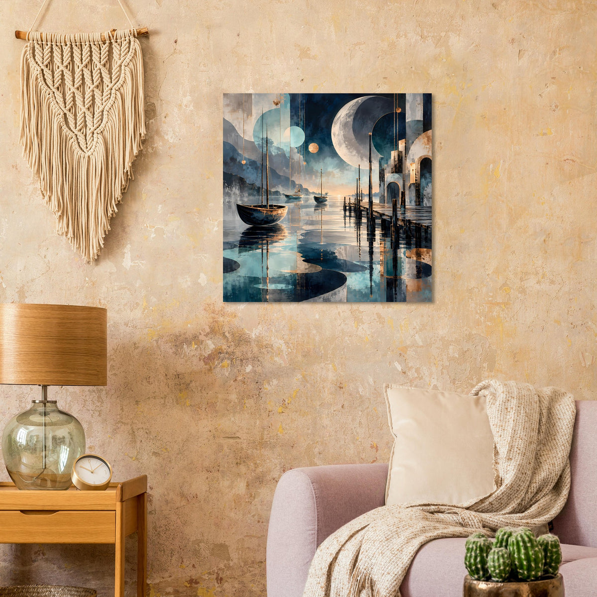 Maritimes Nachtposter am Rahmen: Mondnacht über Hafen, Boote, Docks und Wasserreflexe
