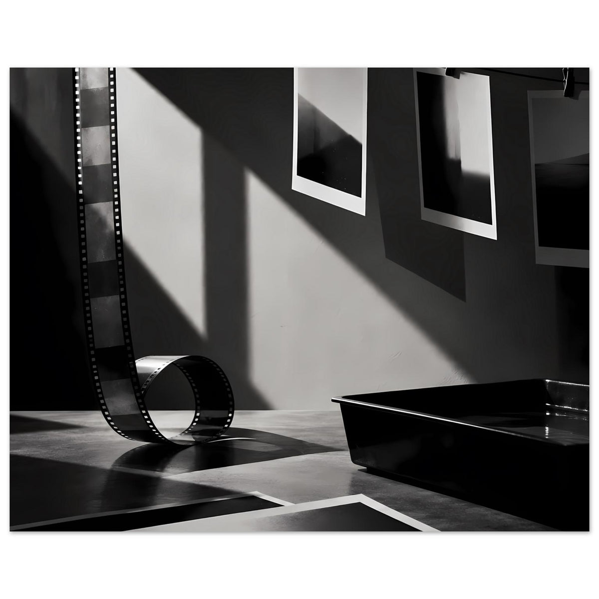 Schwarzweiß-Fotografie-Poster mit Filmstreifen, mehreren Abzügen an Wäscheklammern und Wanne