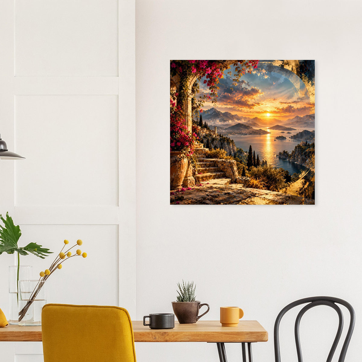 Küstenposter mit Sonnenuntergang am Meer, steinerne Treppe und Küstenlinie