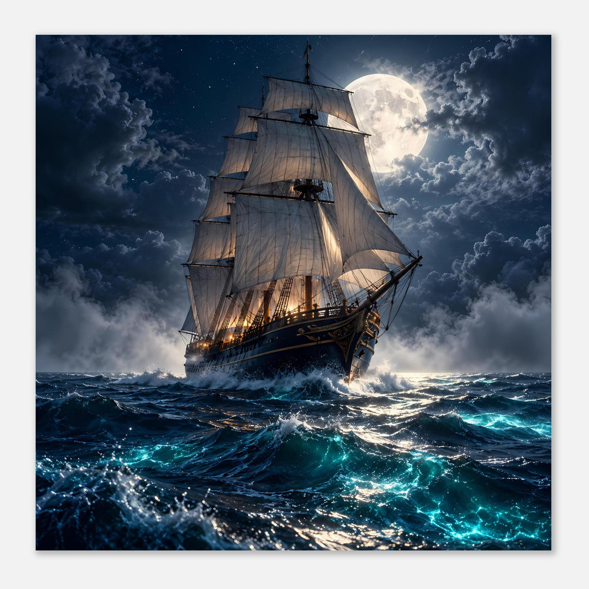 Querformat-Poster mit Segelschiff und Vollmond, tiefe Wolken und türkisfarbenes Wasser