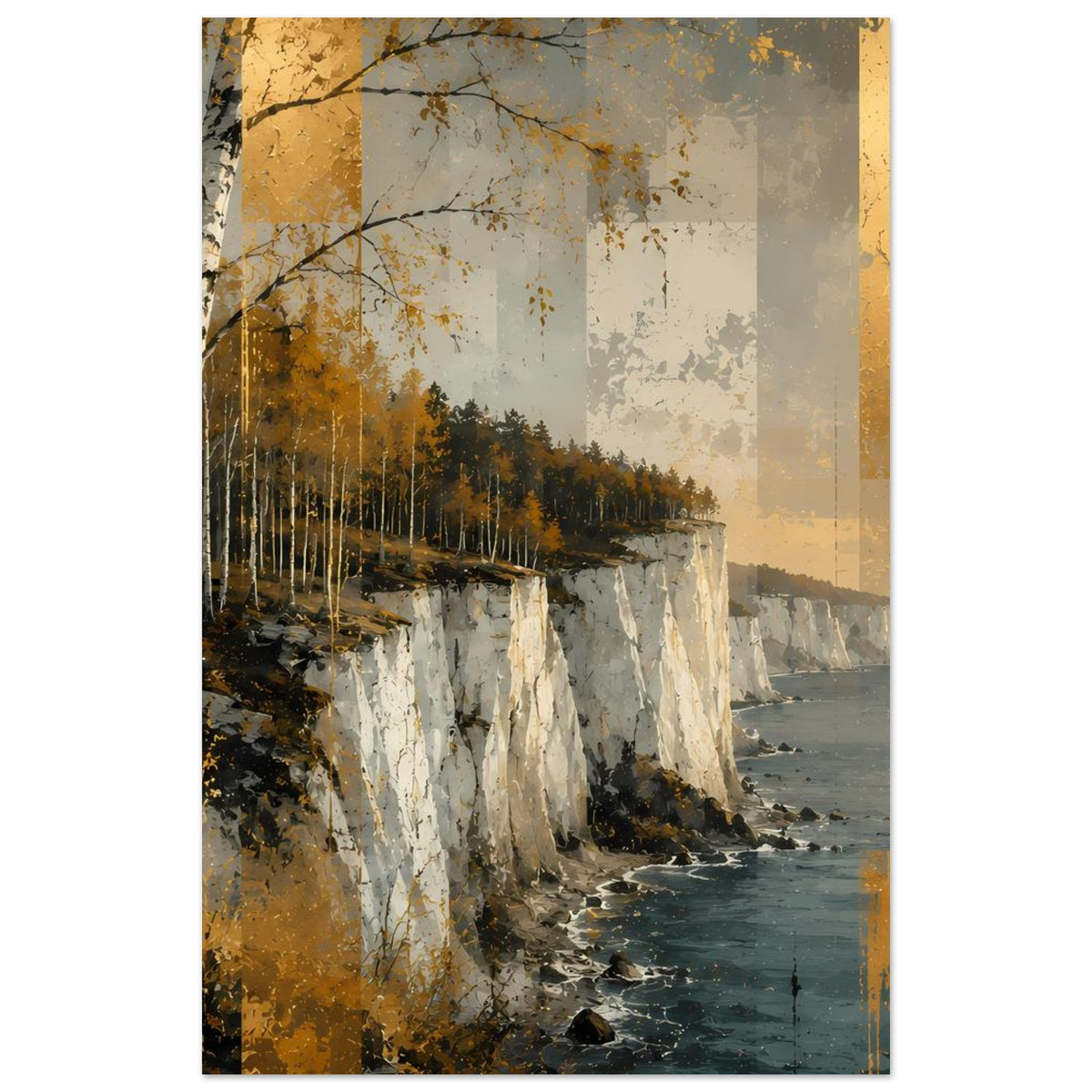 Vertikales Küstenlandschafts-Poster: steile Kreideklippe, Wald am Ufer, goldene Farbflecken