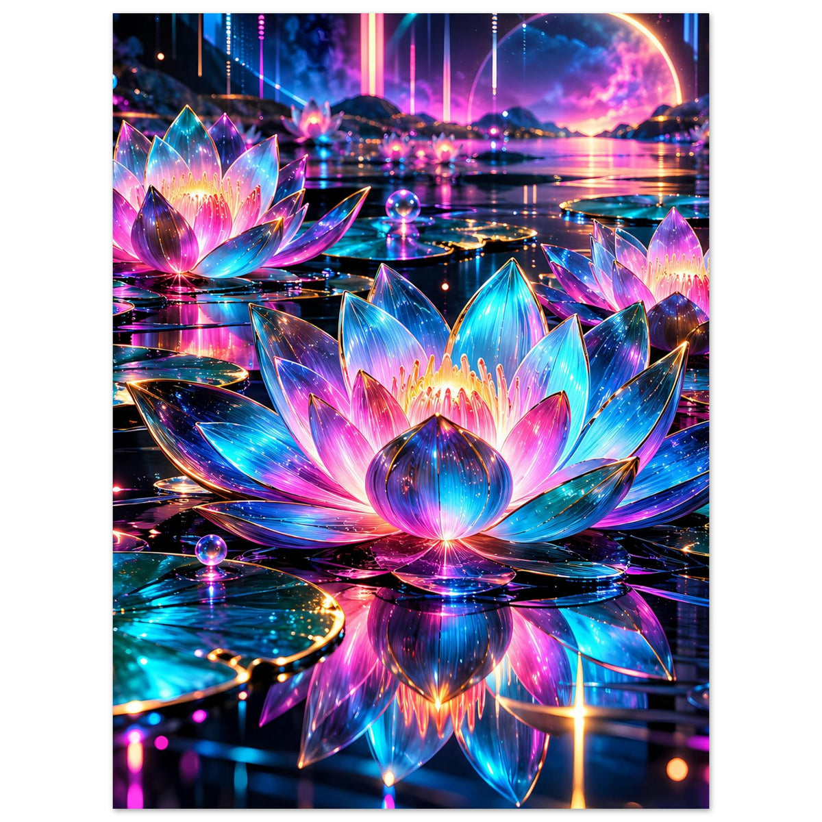 Vertikales Neon-Lotus Poster mit mittiger Lotusblüte in türkis, pink und violett