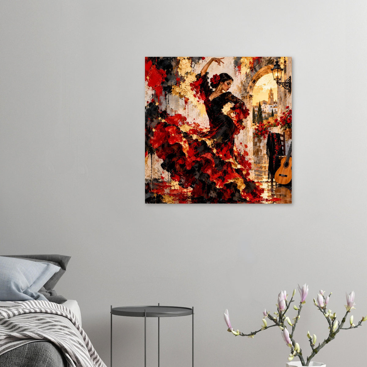 Poster zeigt Flamenco-Tänzerin in Rot und Schwarz, abstrakter Hintergrund, Gitarre rechts