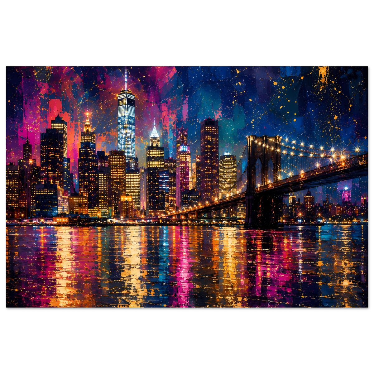 Abstraktes Stadtposter, Querformat: Skyline bei Nacht mit Hängebrücke, Lichter in bunten Farben