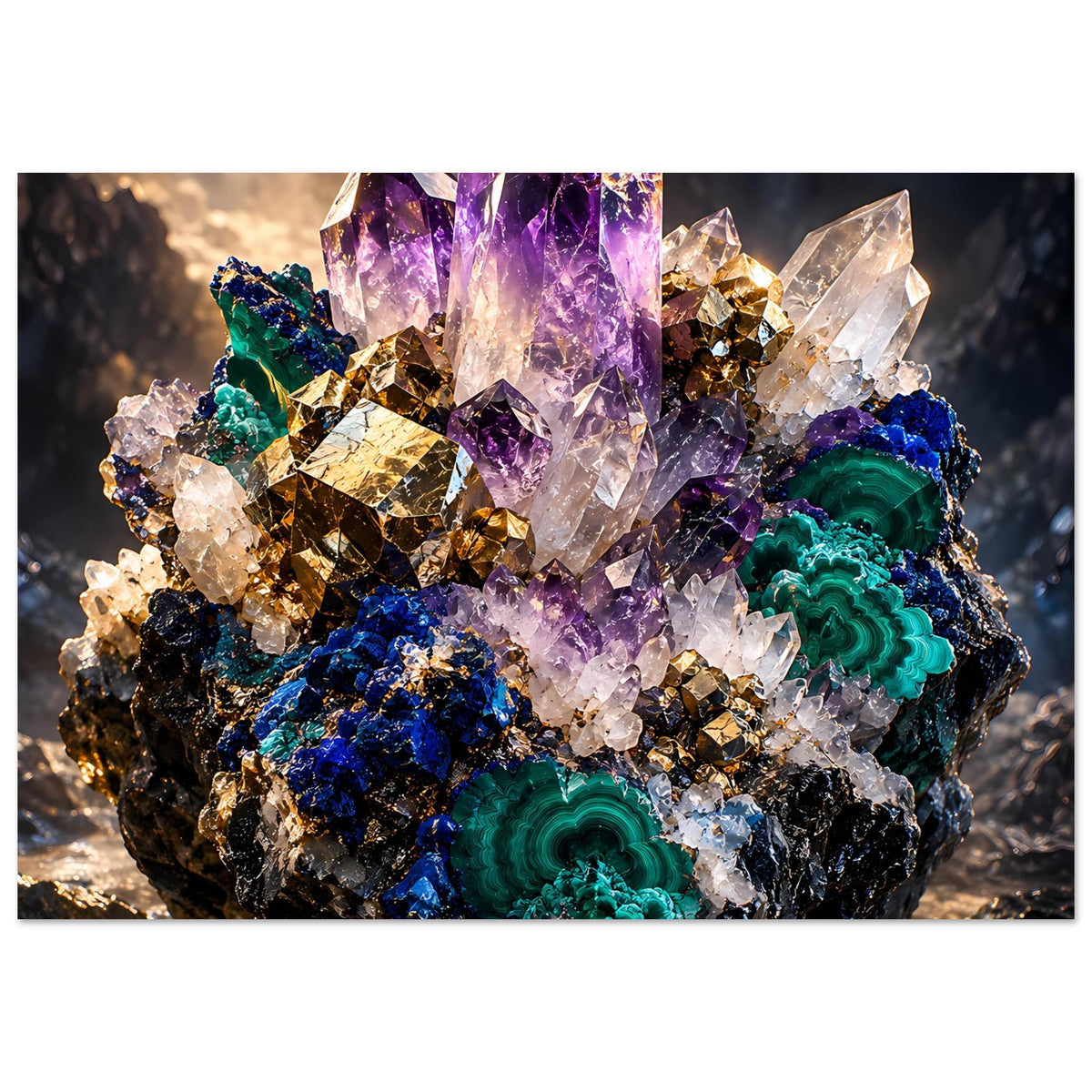 Kristallposter mit lila Amethyst-Cluster, grünen Malachit-Details und glänzenden goldfarbenen Partikeln