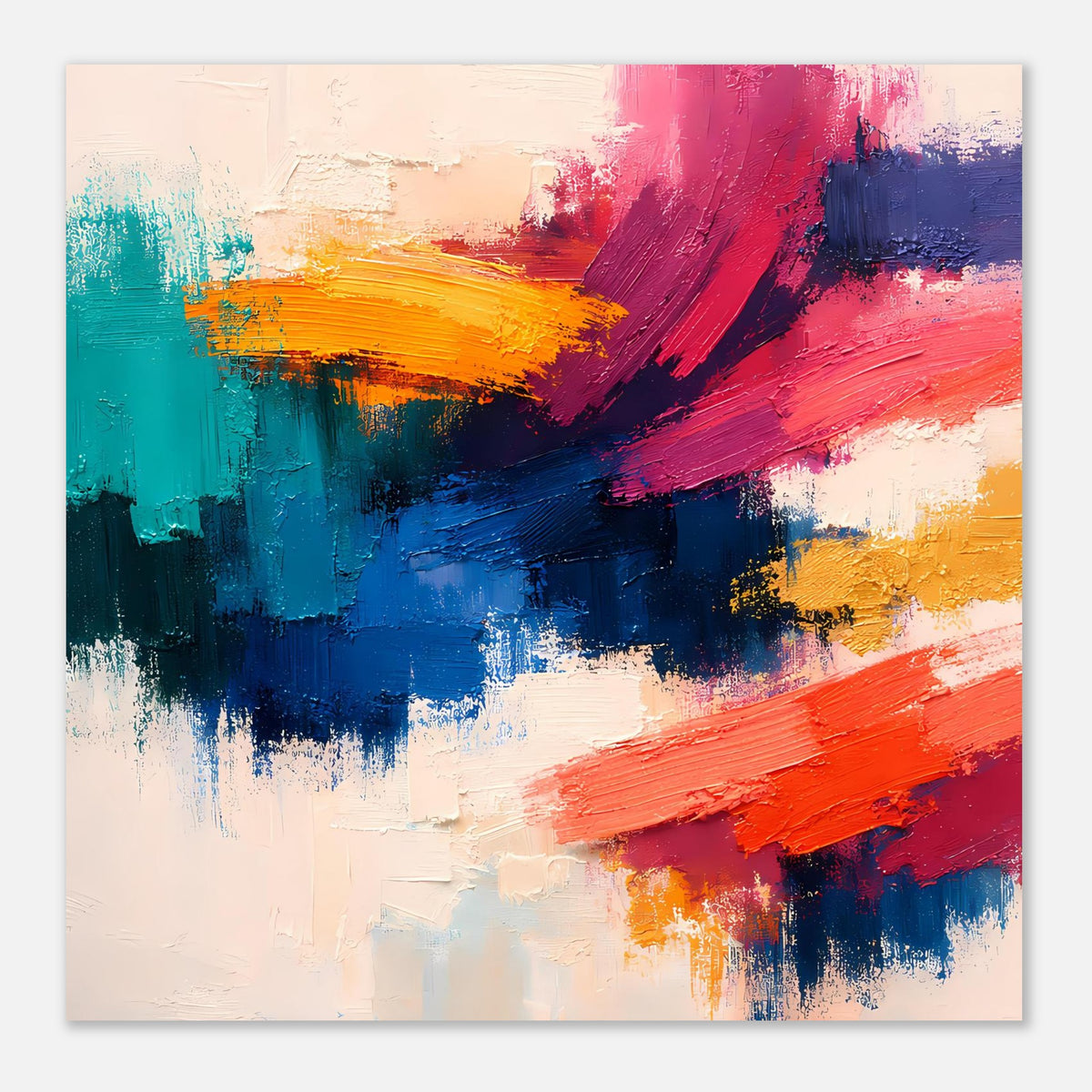 Abstraktes Poster mit sichtbarer Textur, Pinselstrichen in Blau, Rot, Türkis, Orange und Gelb
