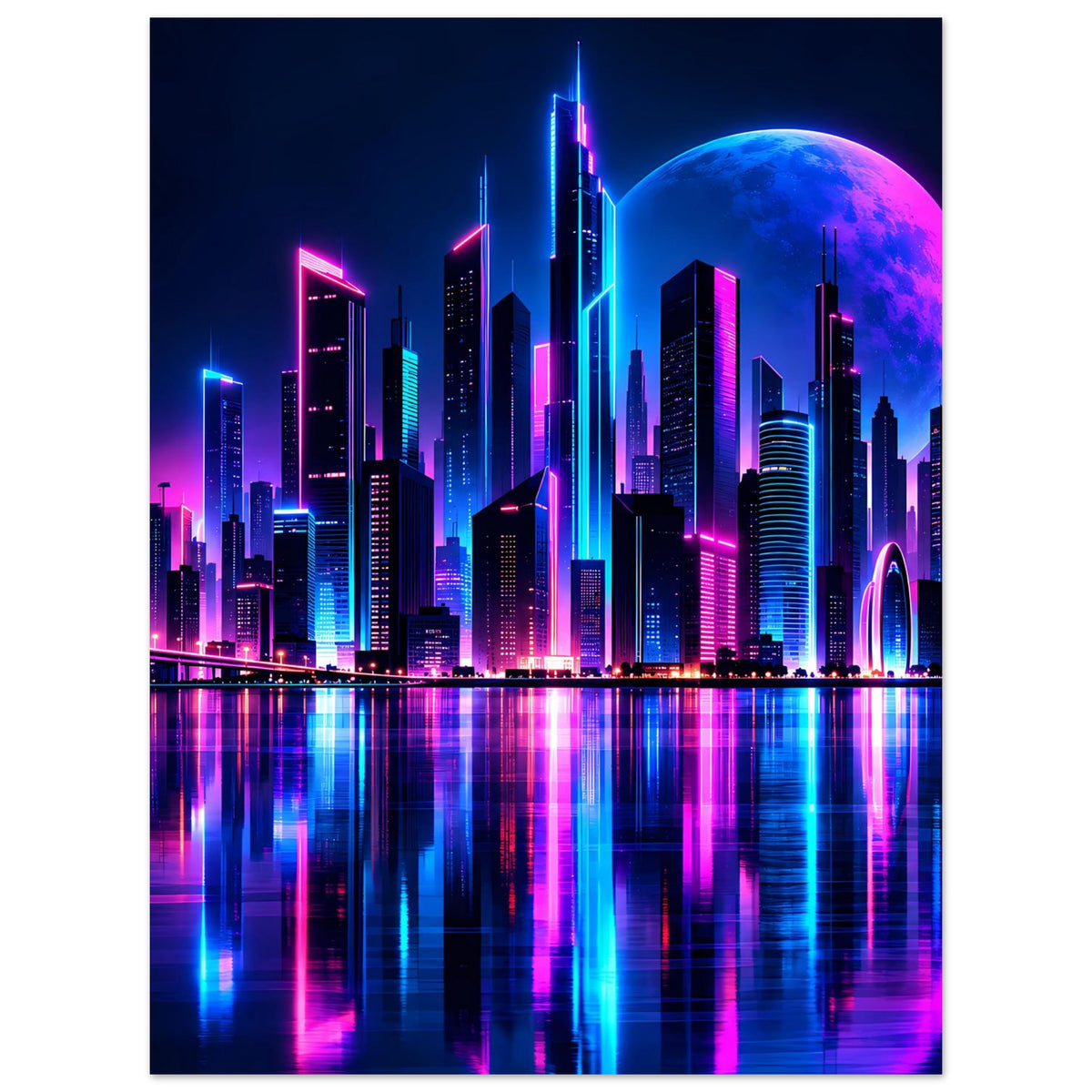 Neon-Stadtpanorama-Poster mit futuristischer Skyline in Blau, Pink und Mond über Spiegelung