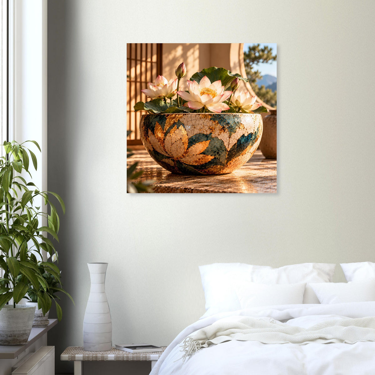 Gerahmtes Lotusblüten-Poster mit Nahansicht von rosa Blüten in brauner Schale.