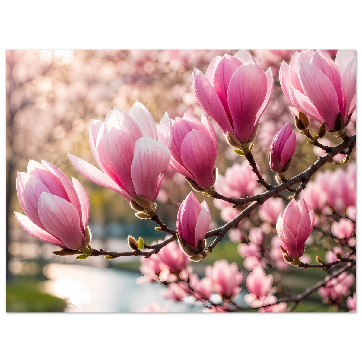 Blumenposter mit rosa und weißen Magnolienblüten am verzweigten Ast