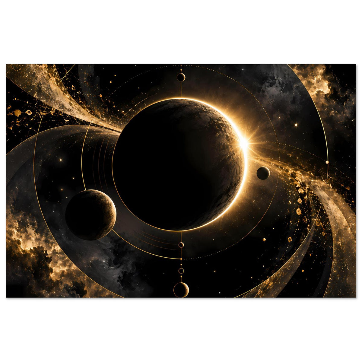 Weltraum-Poster im Querformat: dunkler Planet mit goldener Aura, Planeten und Kreisbahnen