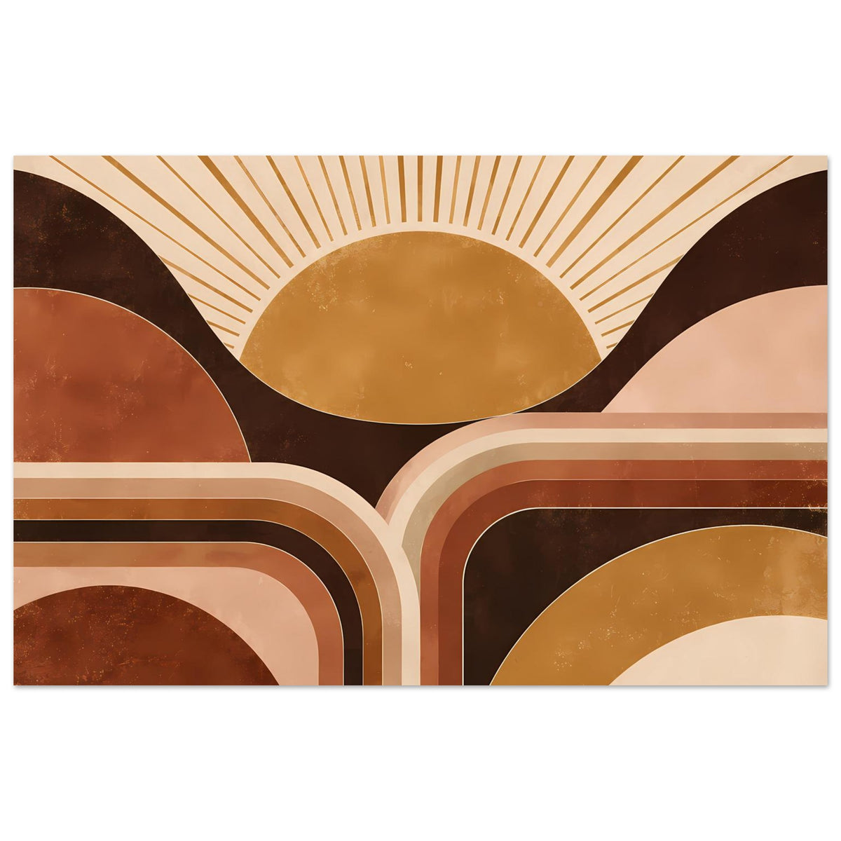 Querformatiges Wandposter mit Retro-Sonnenaufgang, Strahlen und geschwungenen Bögen in Erdtönen
