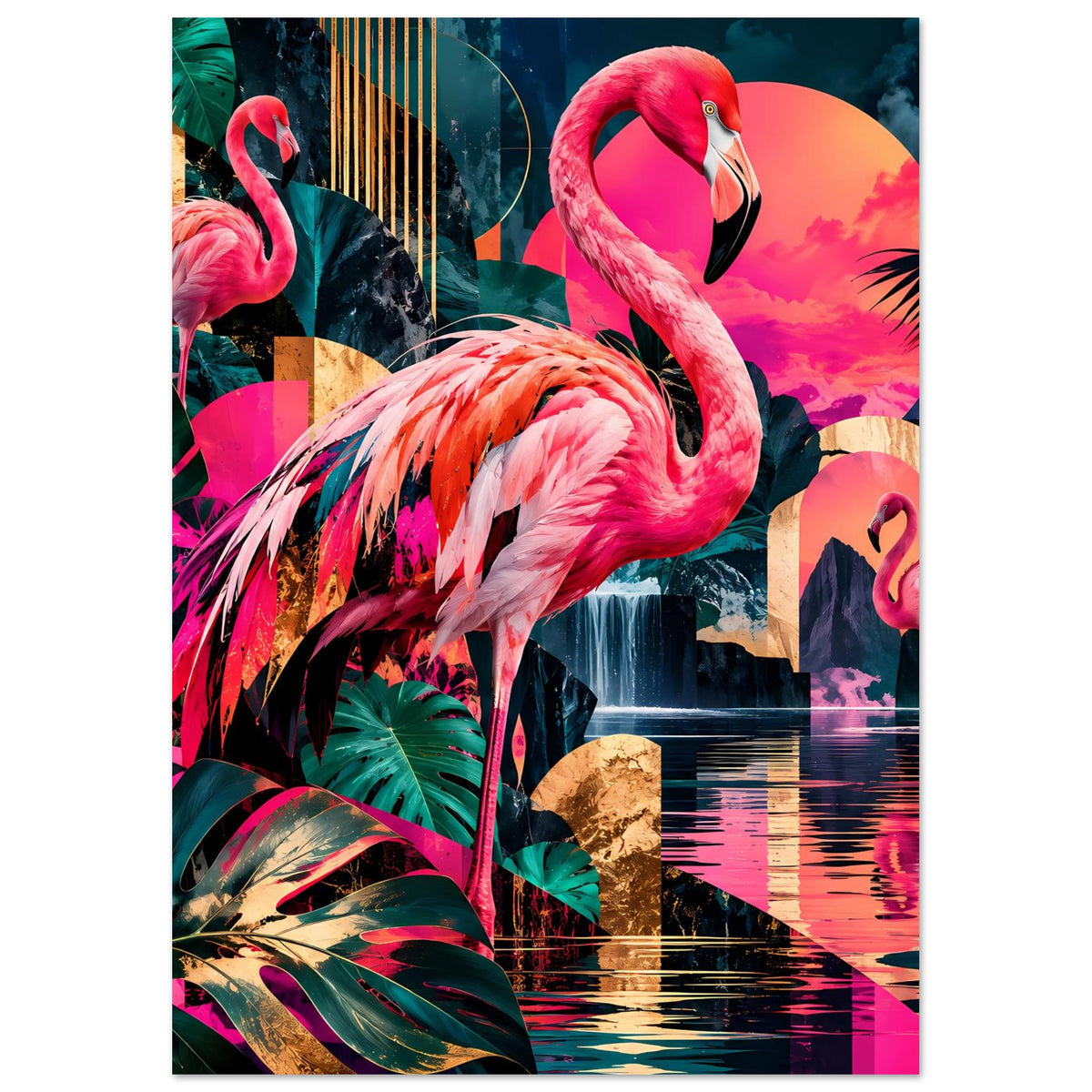 Hochformat-Poster mit zwei pinken Flamingos, tropischen Blättern und spiegelnder Wasserfläche