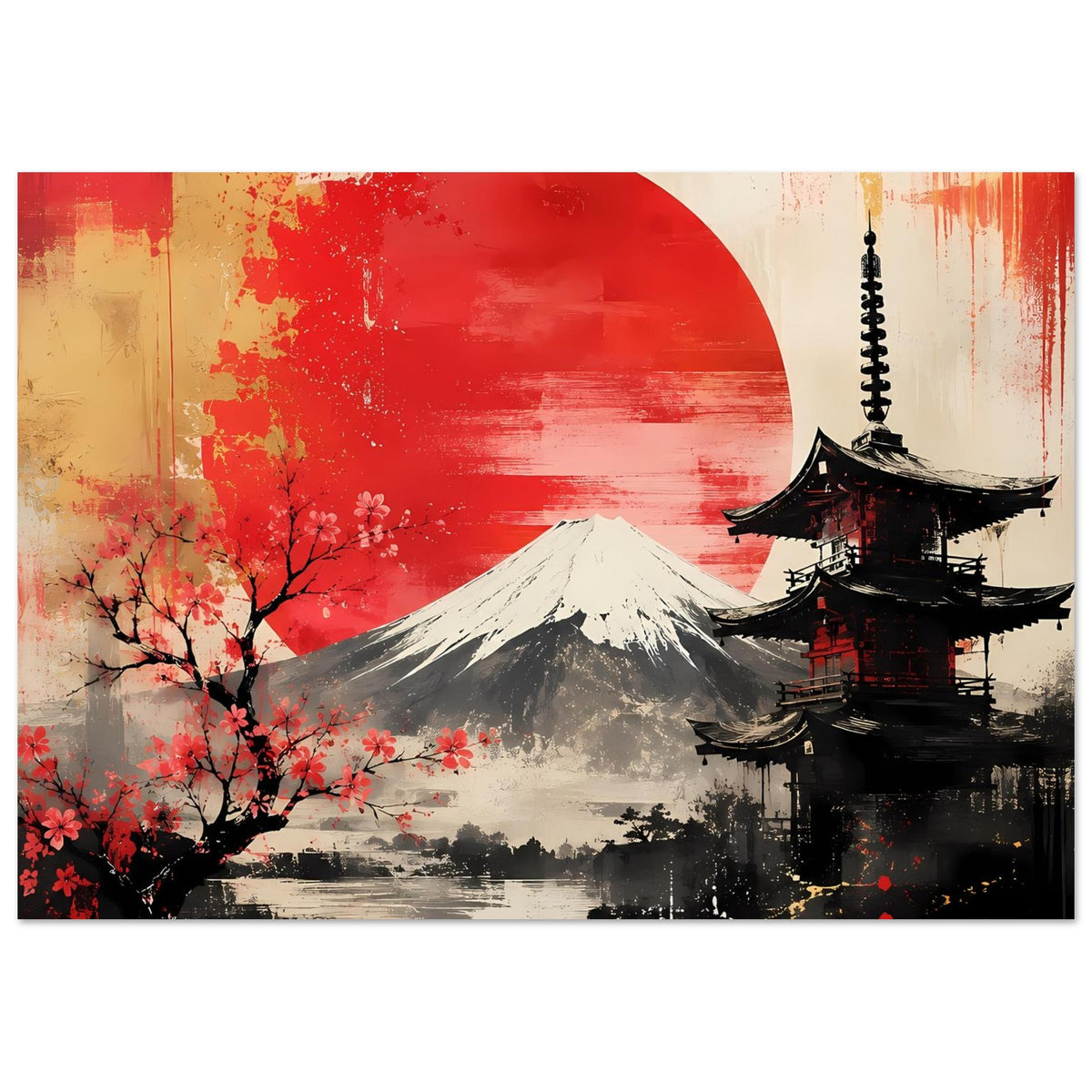 Posteransicht: rote Sonne über Fuji, Pagode rechts, Kirschblüten im Vordergrund